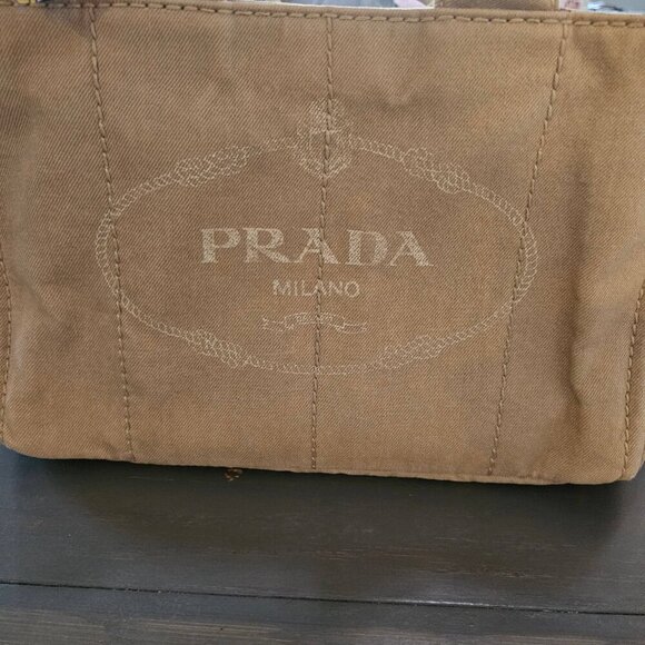 Prada Women's Beige Enameled Metal Triangle Canapa Tote Bag With Twilly - Picture 3 of 15